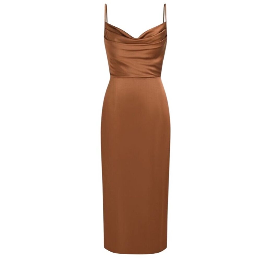 Cider Satin Cowl Neck Midi Dress in Copper Brown